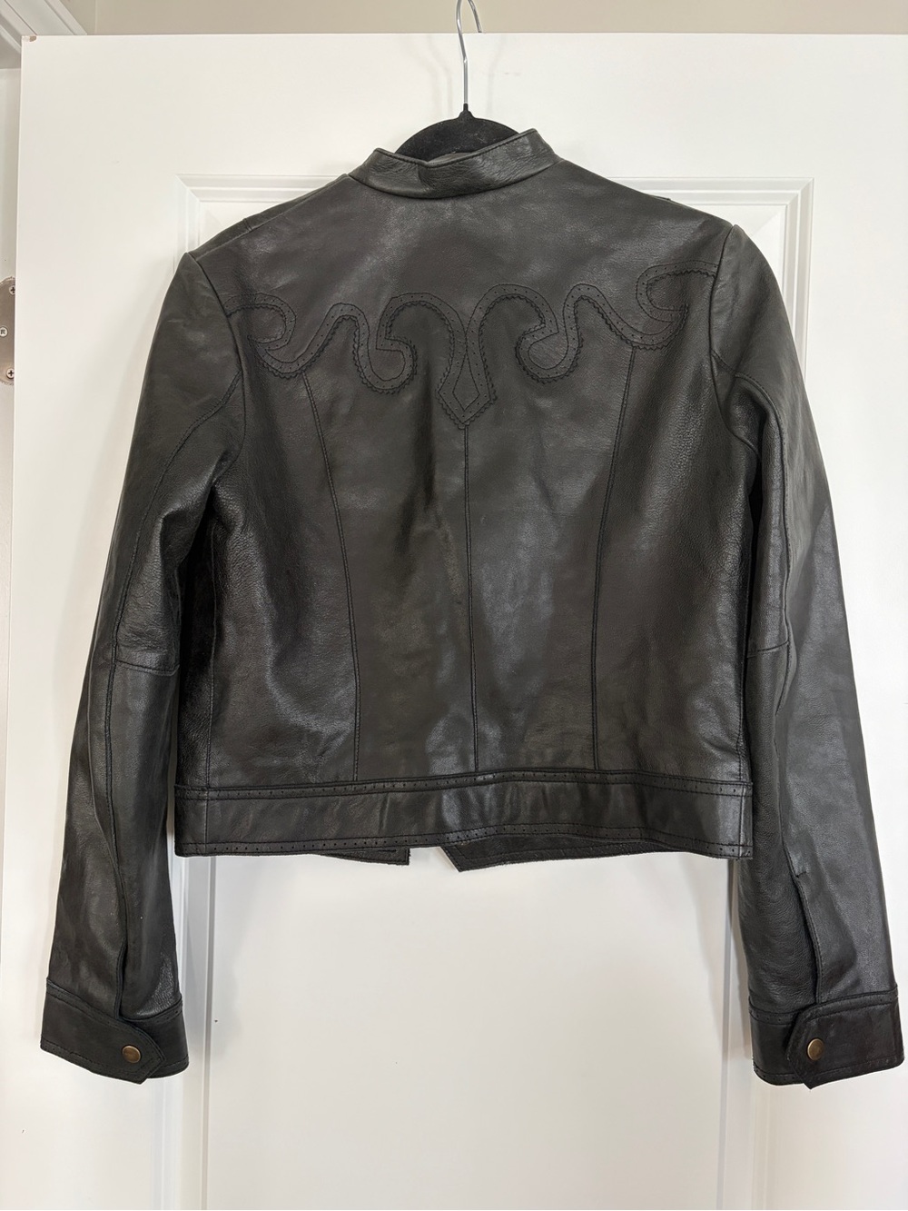 ALDO Black Genuine Leather Cropped Jacket - Western Stitched Scroll Yoke Medium